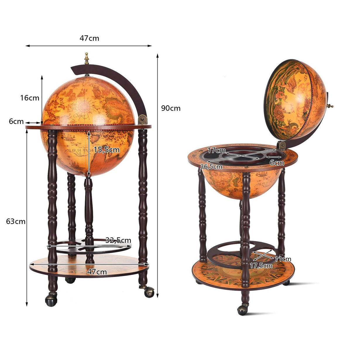 Rolling globe wine stand Globe Bar on wheels for wine 47 x 47 x 90 cm brown