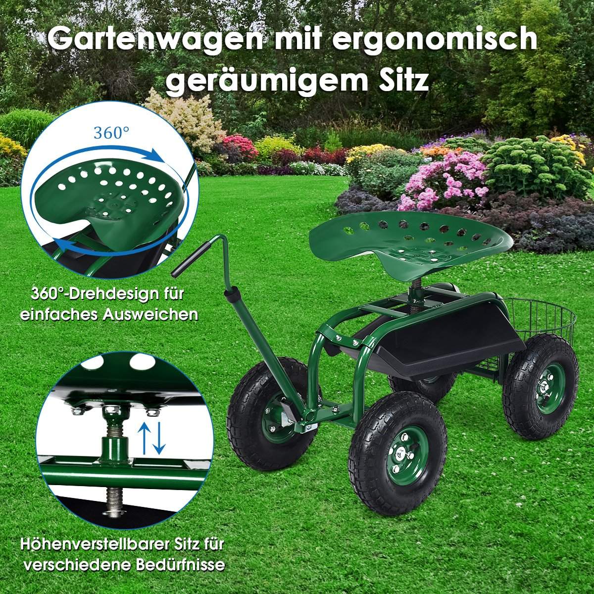 Rolling seat with wheels &amp; Extendable handle &amp; Basket 360° rotating garden cart garden seat 96.5 x 47.5 x 47-55 cm