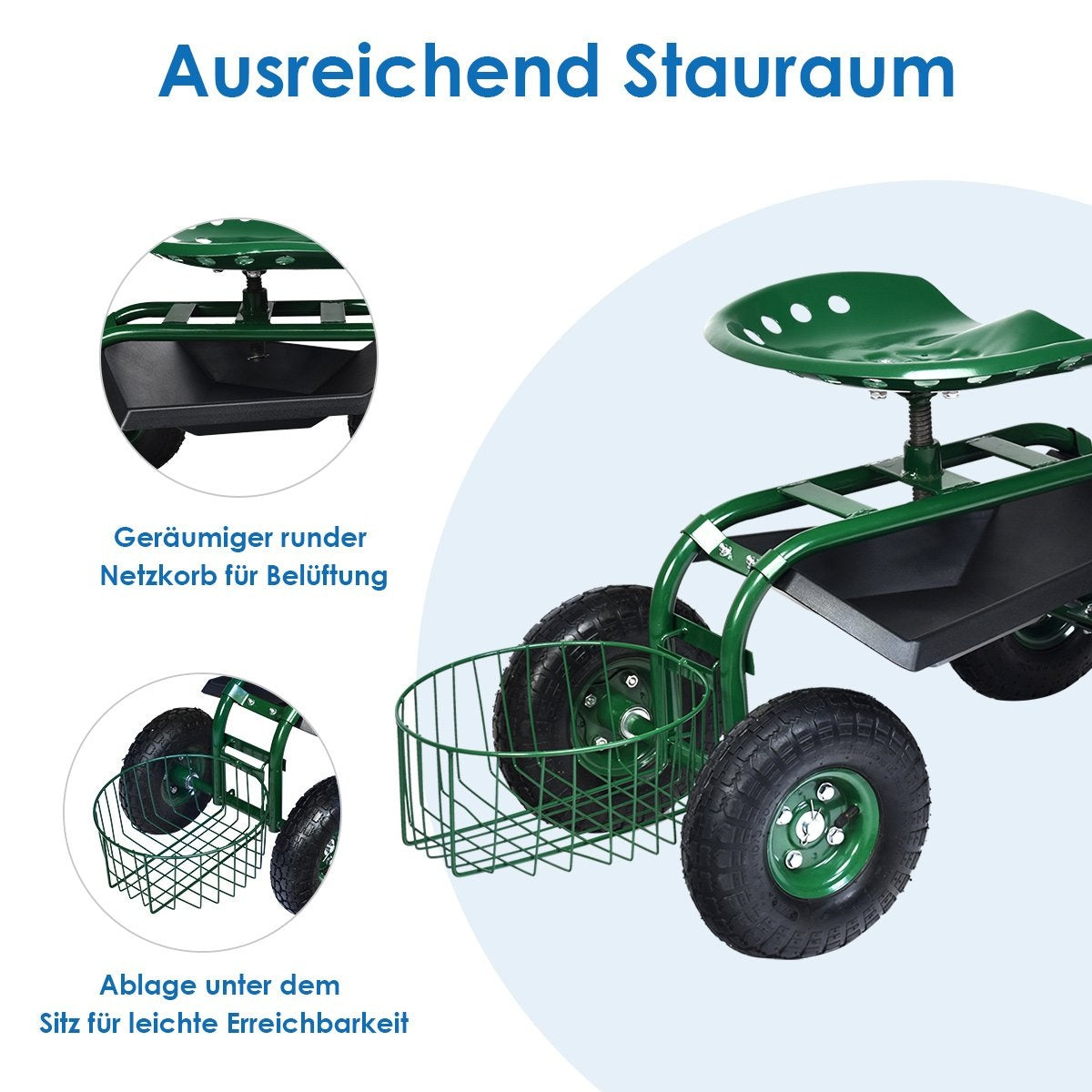 Rolling seat with wheels &amp; Extendable handle &amp; Basket 360° rotating garden cart garden seat 96.5 x 47.5 x 47-55 cm
