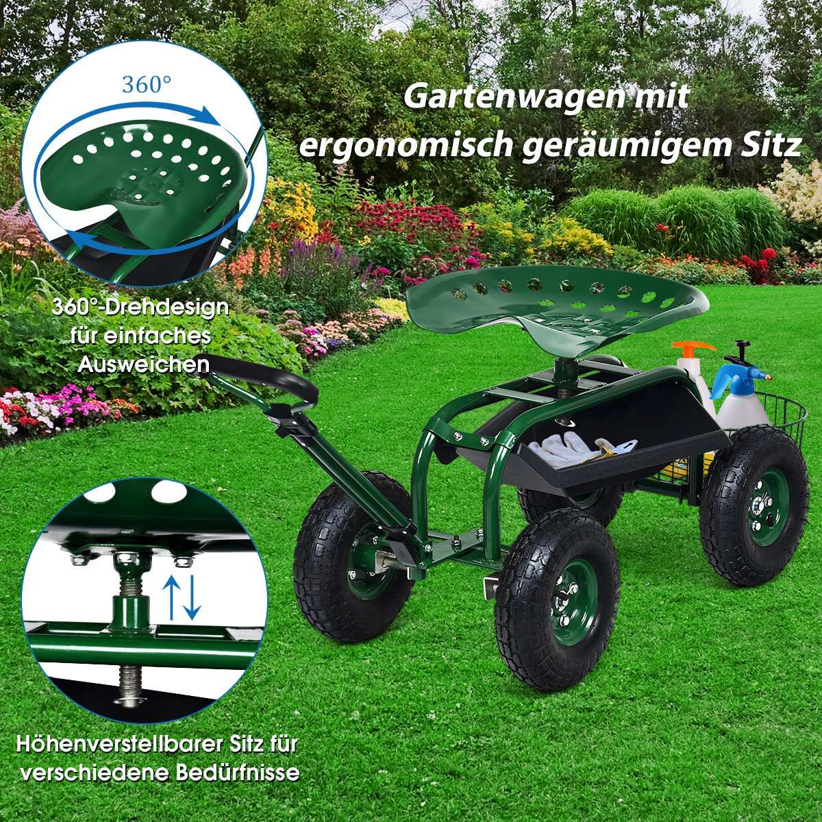 Rolling seat with wheels &amp; Extendable handle &amp; Basket 360° rotating garden cart garden seat 96.5 x 48.5 x 45.5-54.5 cm