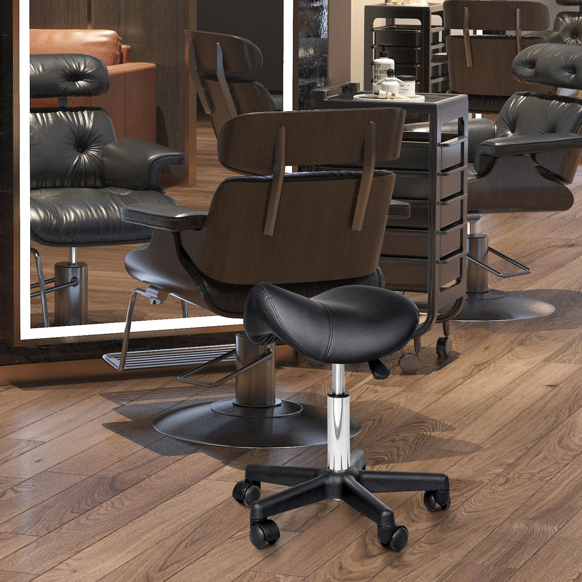 Rolling stool, height-adjustable swivel stool, work stool with wheels, rotating salon chair, salon stool, faux leather, black