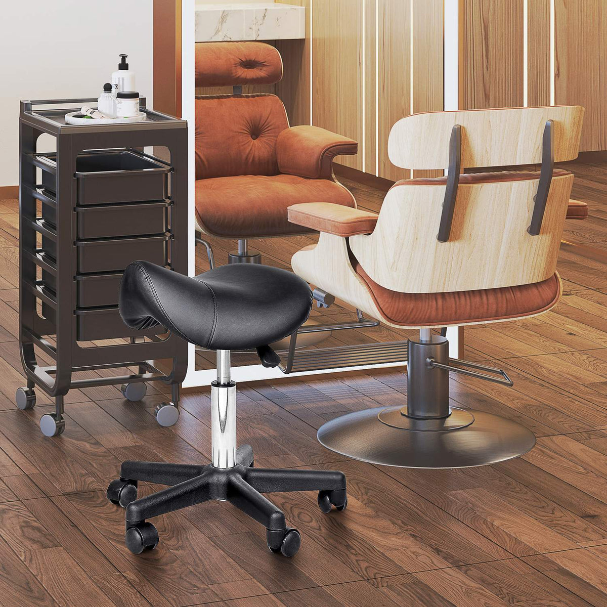 Rolling stool, height-adjustable swivel stool, work stool with wheels, rotating salon chair, salon stool, faux leather, black