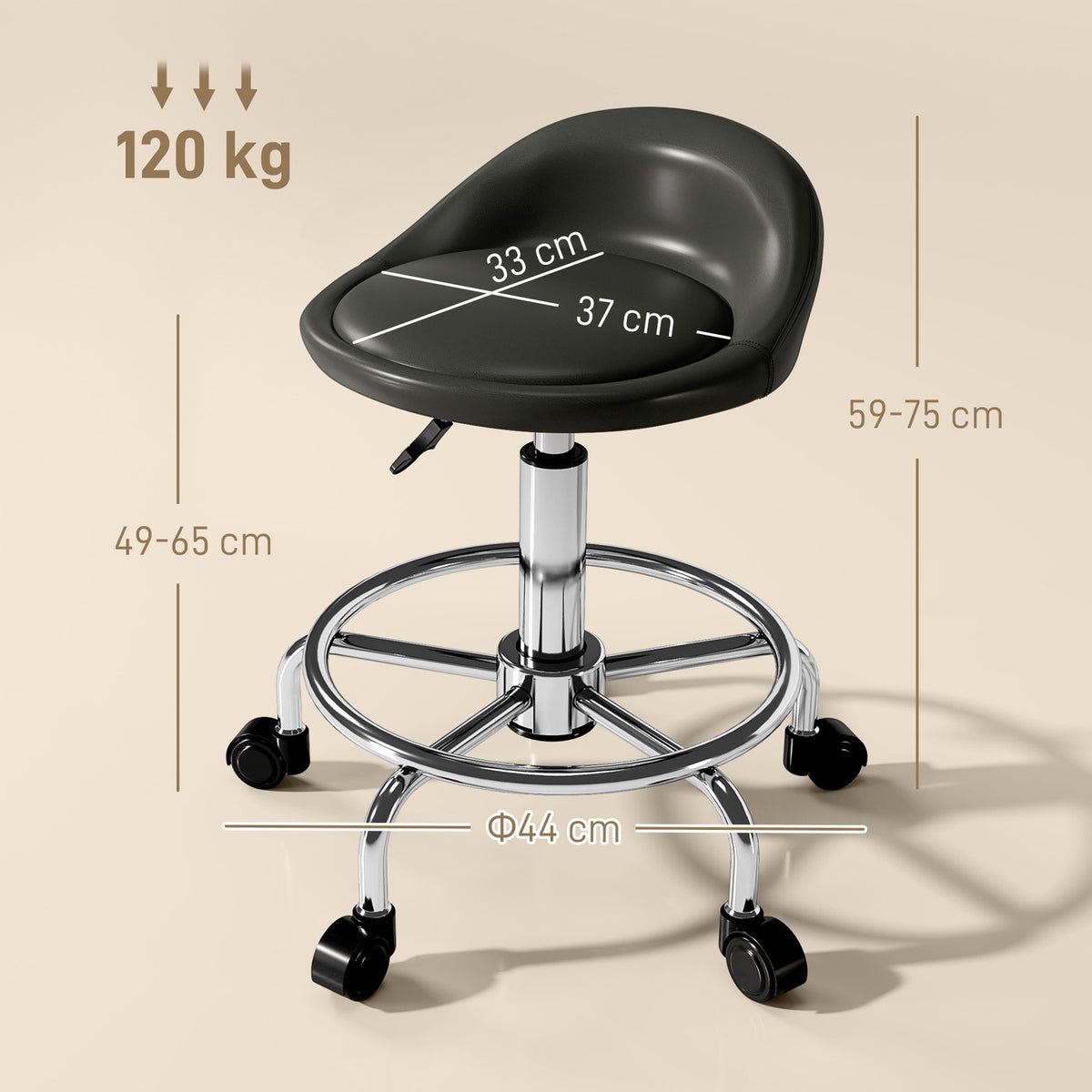Rolling stool height adjustable with backrest swivel stool 59-75 cm work stool 360° rotating stool office stool for office salon massage spa black