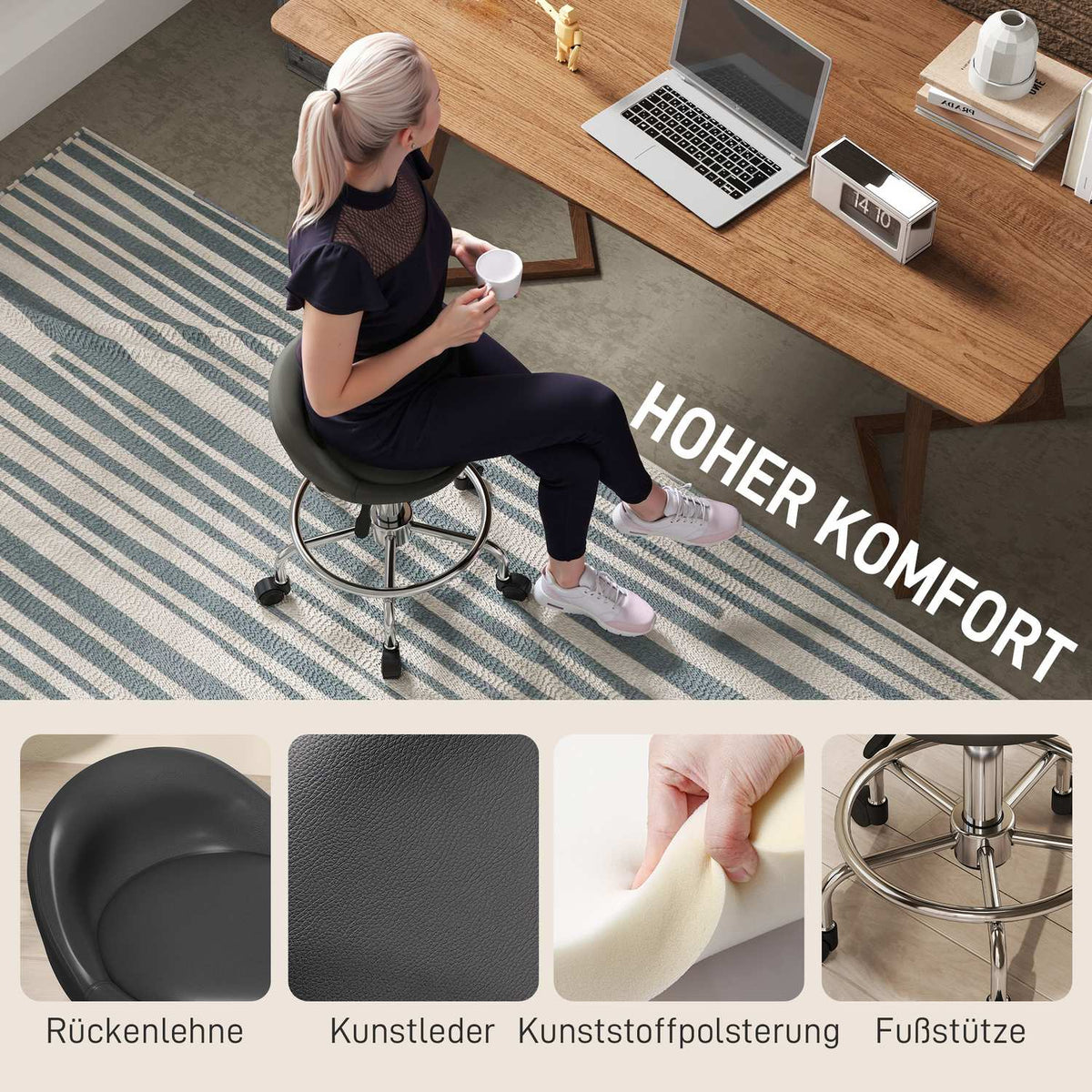 Rolling stool height adjustable with backrest swivel stool 59-75 cm work stool 360° rotating stool office stool for office salon massage spa black