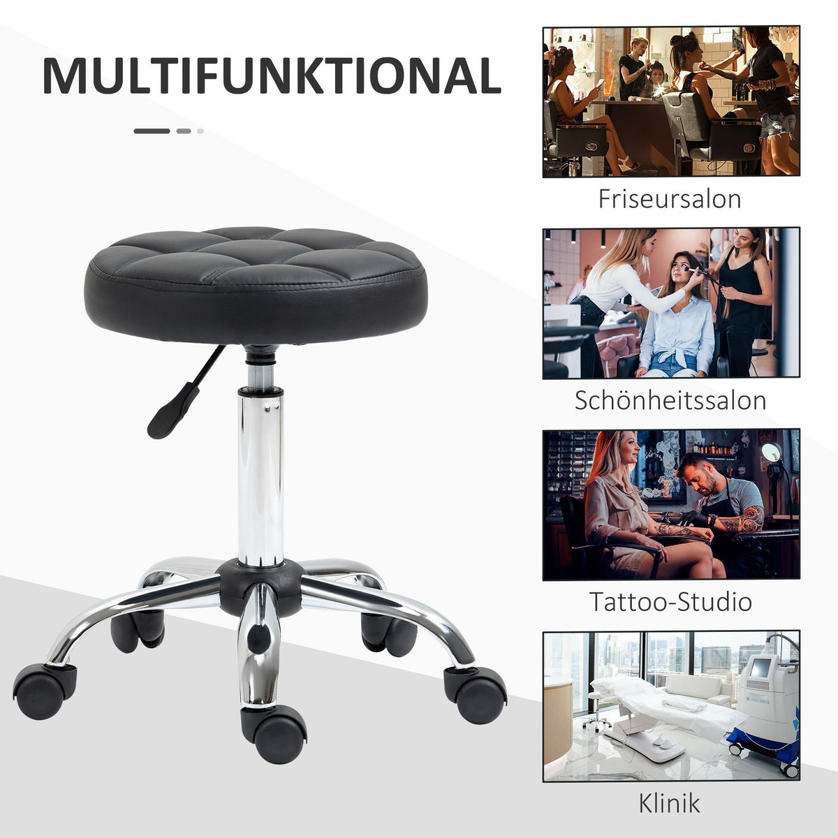 Rolling stool, height-adjustable work stool, rotating salon stool for office, massage, faux leather, black, diameter 35.5 x 51-67 cm