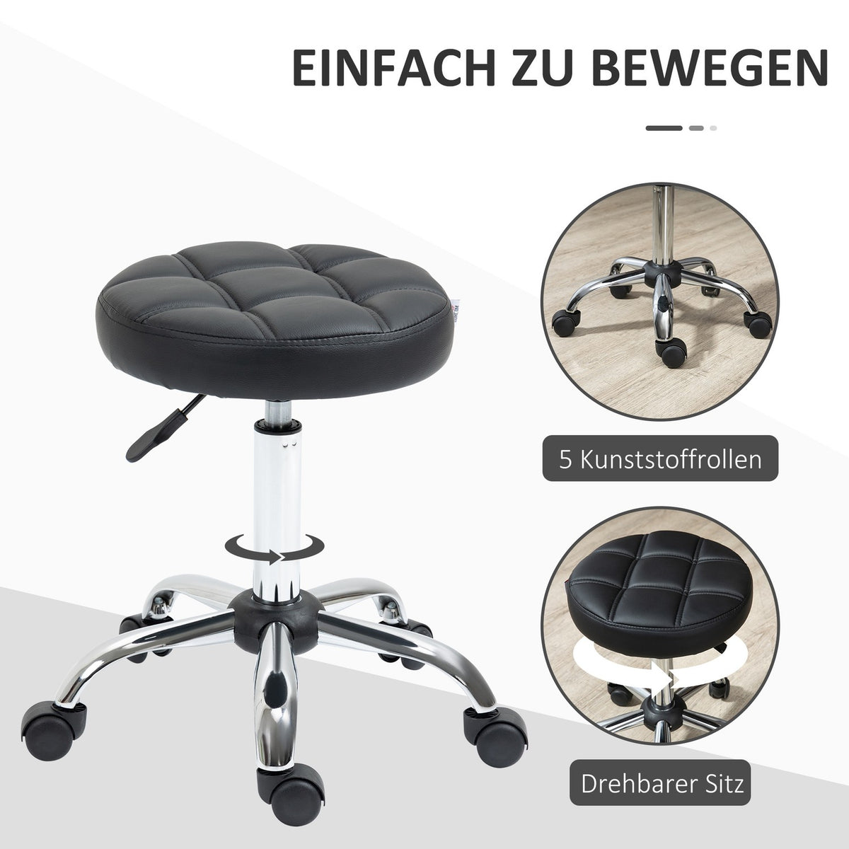 Rolling stool, height-adjustable work stool, rotating salon stool for office, massage, faux leather, black, diameter 35.5 x 51-67 cm