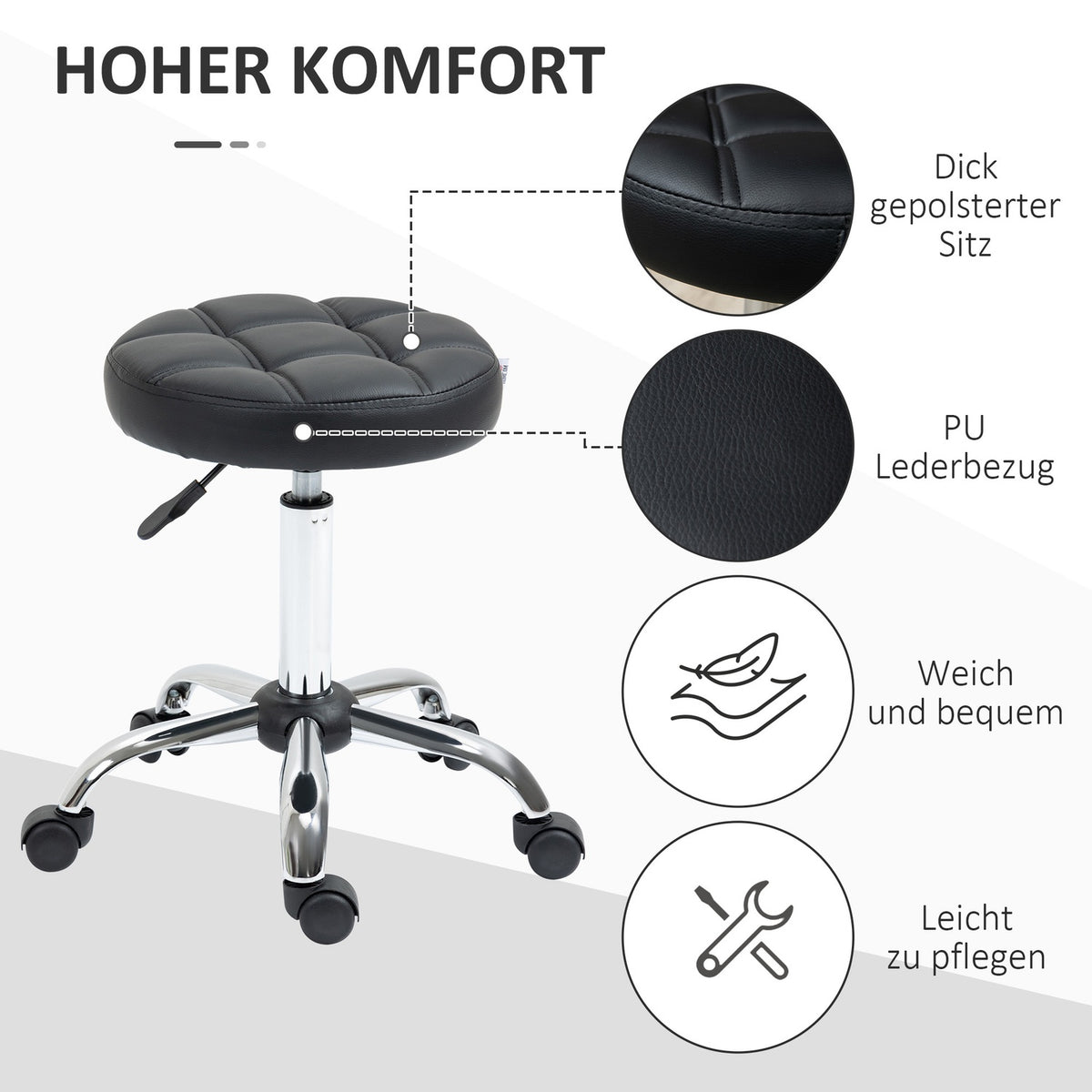 Rolling stool, height-adjustable work stool, rotating salon stool for office, massage, faux leather, black, diameter 35.5 x 51-67 cm