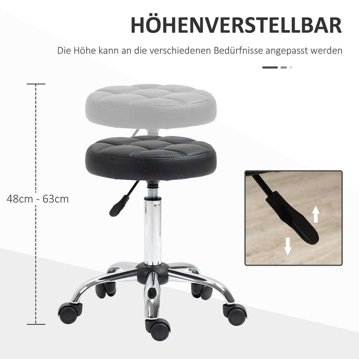 Rolling stool, height-adjustable work stool, rotating salon stool for office, massage, faux leather, black, diameter 35.5 x 51-67 cm