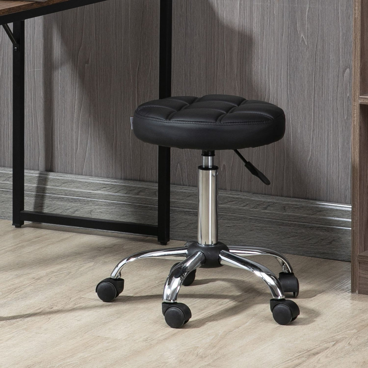 Rolling stool, height-adjustable work stool, rotating salon stool for office, massage, faux leather, black, diameter 35.5 x 51-67 cm