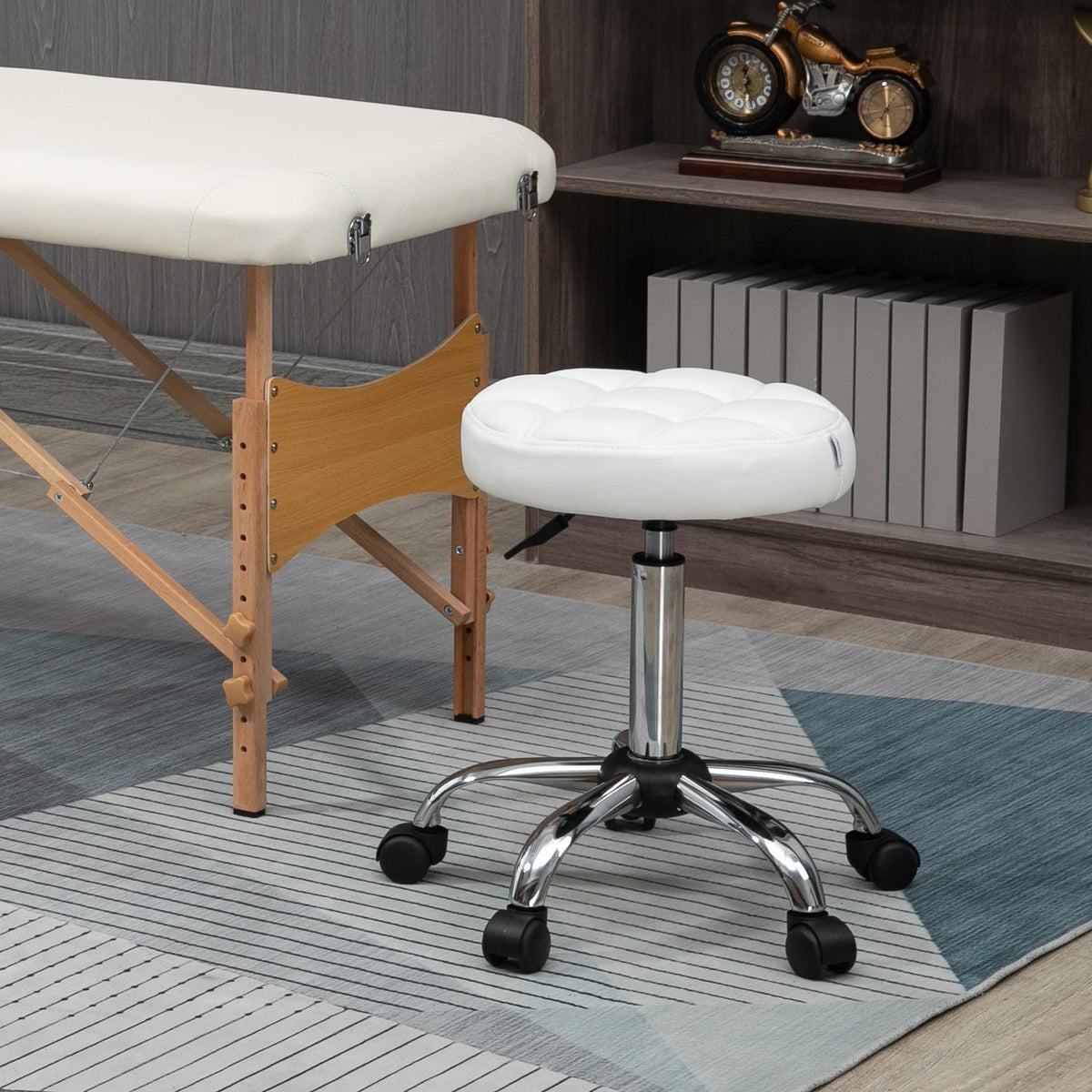 Rolling stool, height-adjustable work stool, rotating salon stool for office, massage, faux leather, white, diameter 35.5 x 51-67 cm