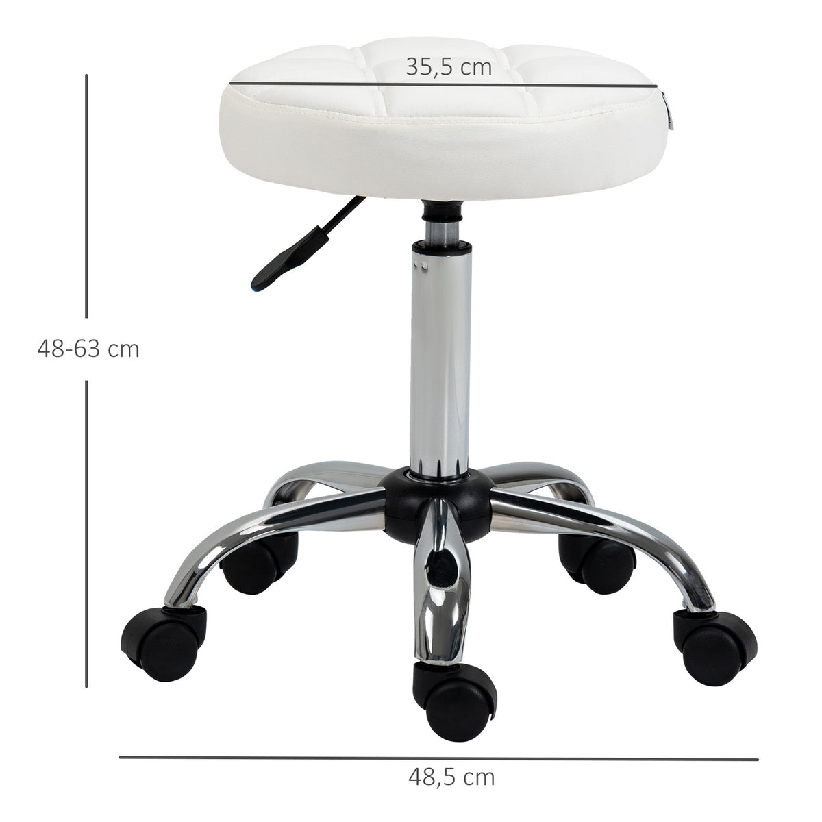 Rolling stool, height-adjustable work stool, rotating salon stool for office, massage, faux leather, white, diameter 35.5 x 51-67 cm