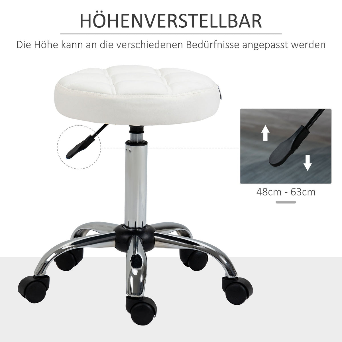 Rolling stool, height-adjustable work stool, rotating salon stool for office, massage, faux leather, white, diameter 35.5 x 51-67 cm