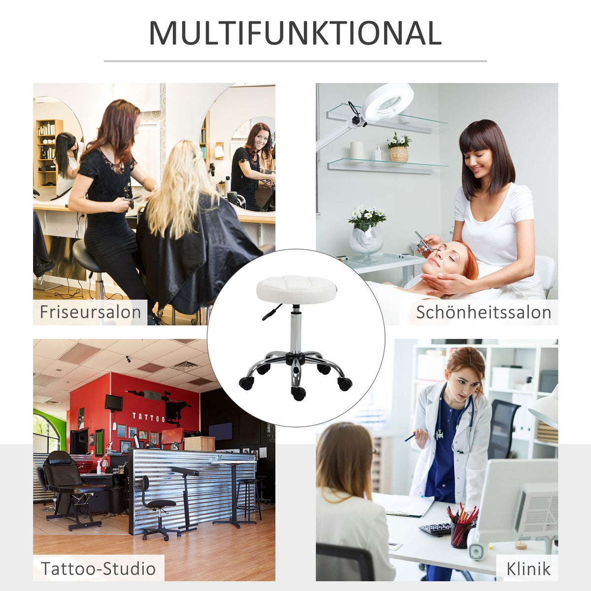 Rolling stool, height-adjustable work stool, rotating salon stool for office, massage, faux leather, white, diameter 35.5 x 51-67 cm
