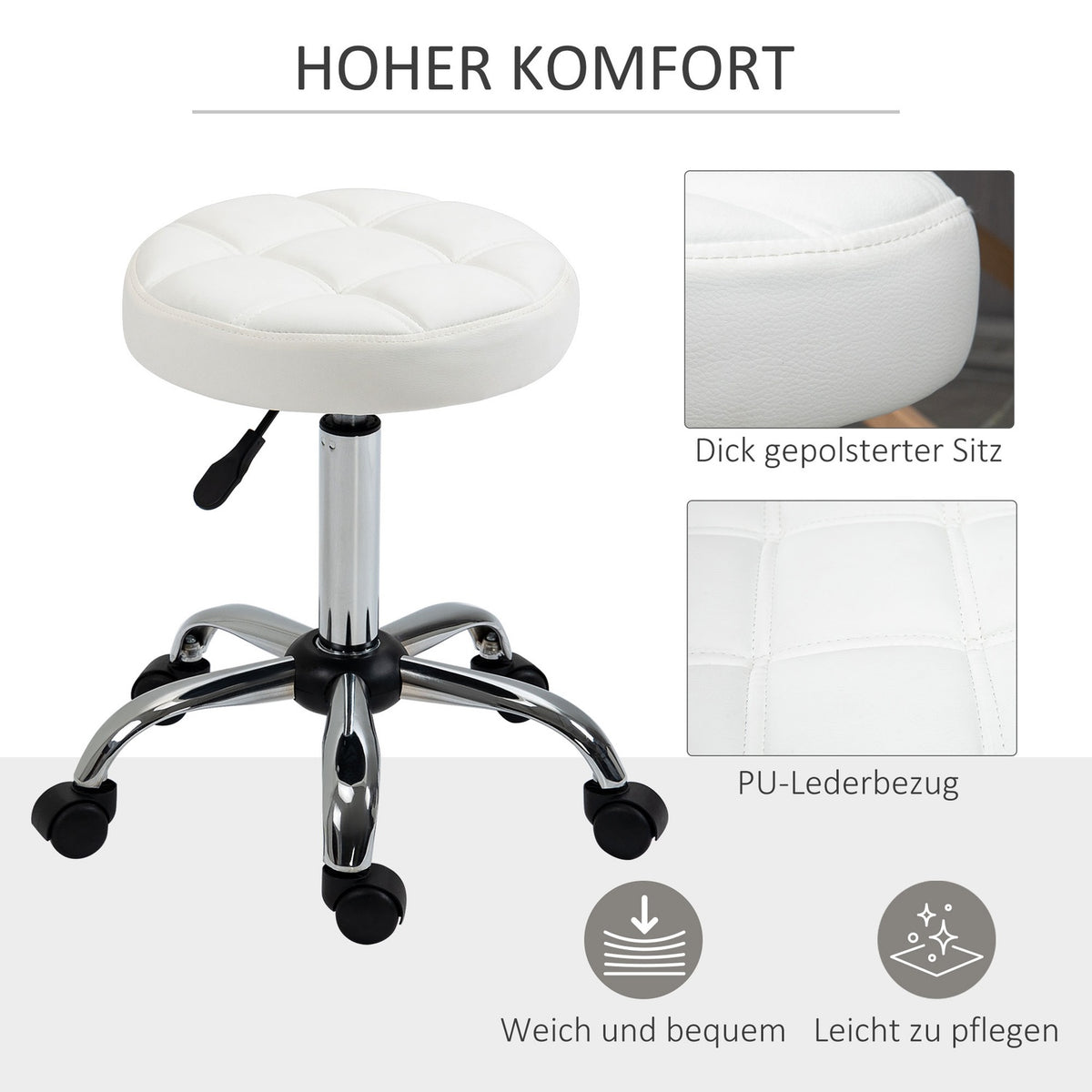 Rolling stool, height-adjustable work stool, rotating salon stool for office, massage, faux leather, white, diameter 35.5 x 51-67 cm
