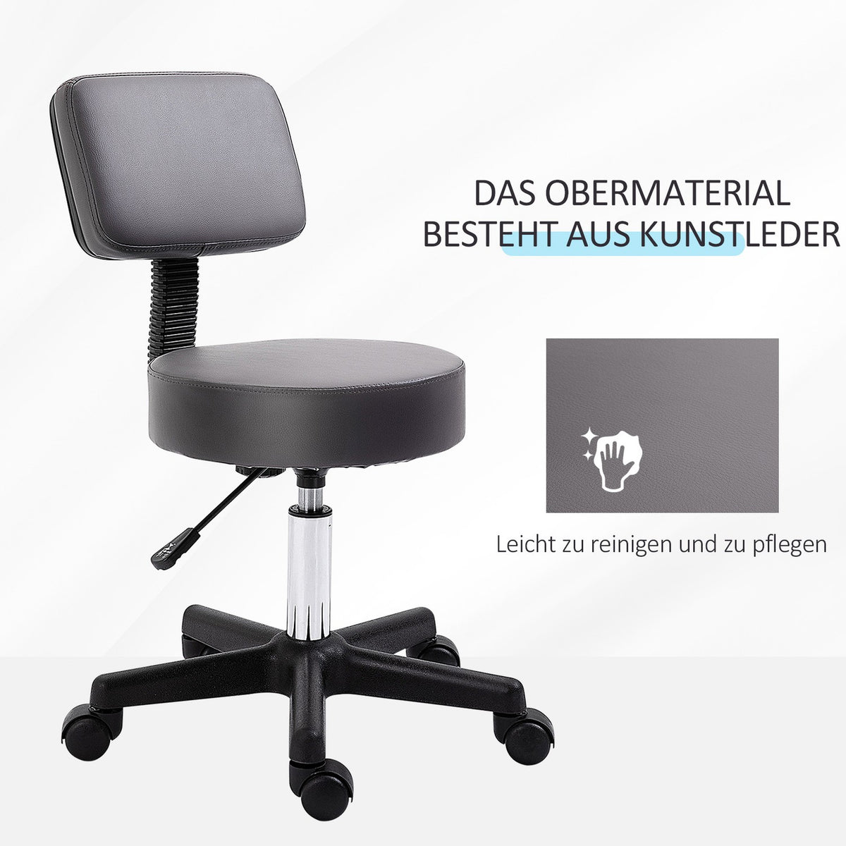 Rolling stool, height-adjustable work stool with backrest, rotating salon stool for massage office, faux leather, gray, diameter 35 x 72-84 cm