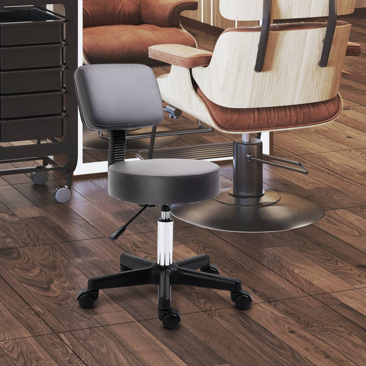Rolling stool, height-adjustable work stool with backrest, rotating salon stool for massage office, faux leather, gray, diameter 35 x 72-84 cm