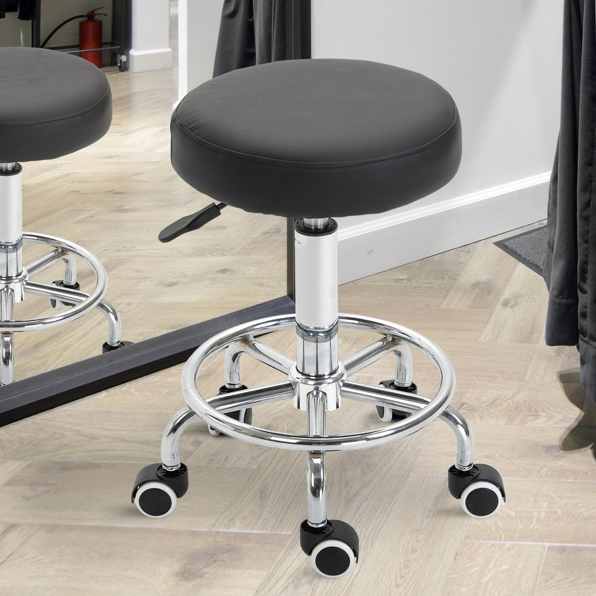 Rolling stool, height-adjustable work stool with foot ring, rotating salon stool, swivel stool with wheels, black, Ø42 x 50-64 cm