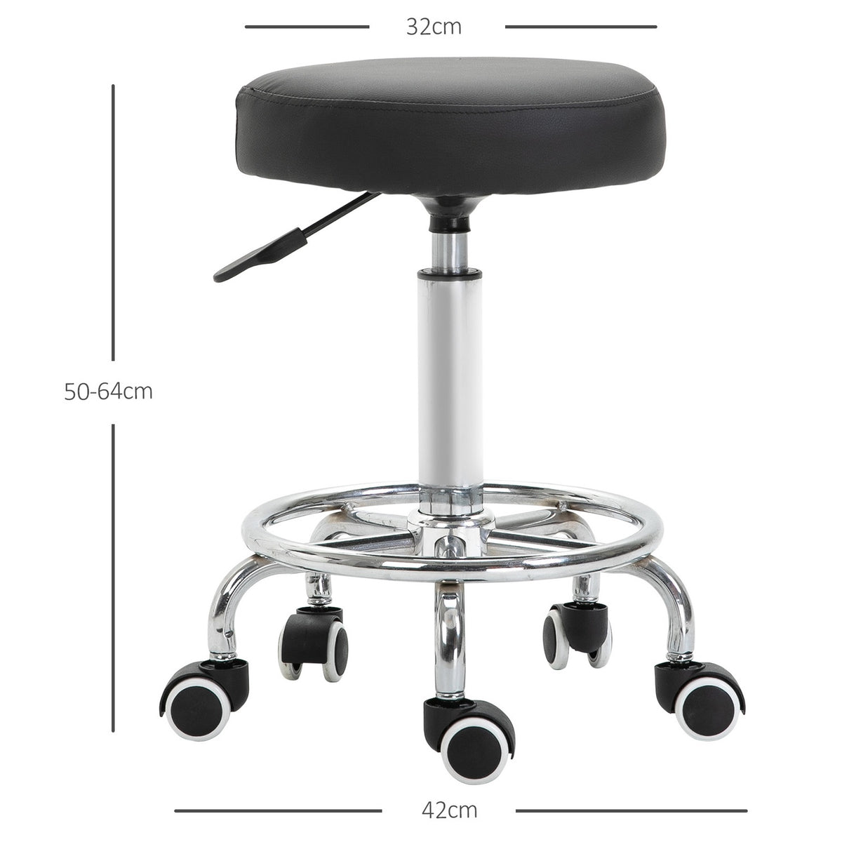 Rolling stool, height-adjustable work stool with foot ring, rotating salon stool, swivel stool with wheels, black, Ø42 x 50-64 cm