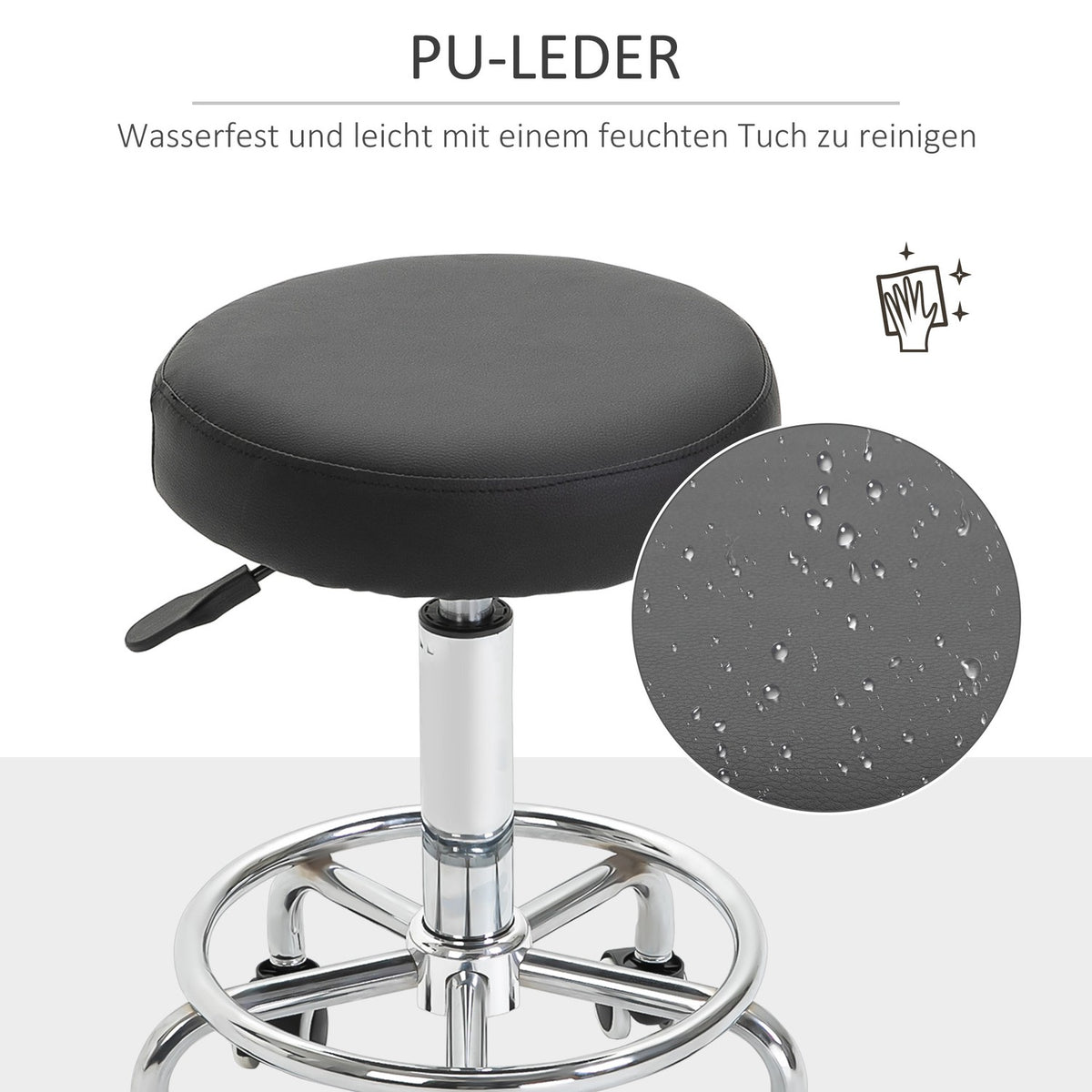 Rolling stool, height-adjustable work stool with foot ring, rotating salon stool, swivel stool with wheels, black, Ø42 x 50-64 cm