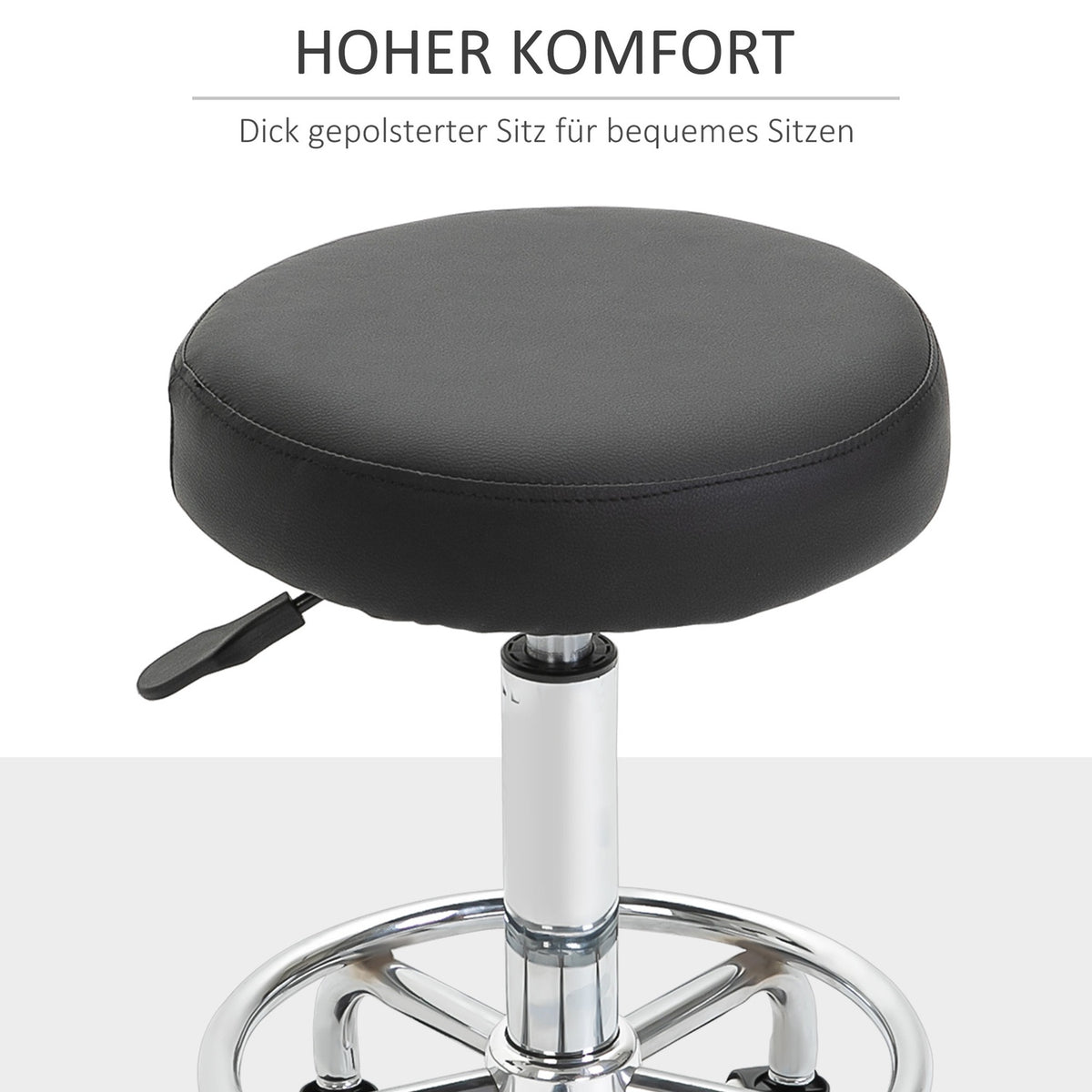 Rolling stool, height-adjustable work stool with foot ring, rotating salon stool, swivel stool with wheels, black, Ø42 x 50-64 cm