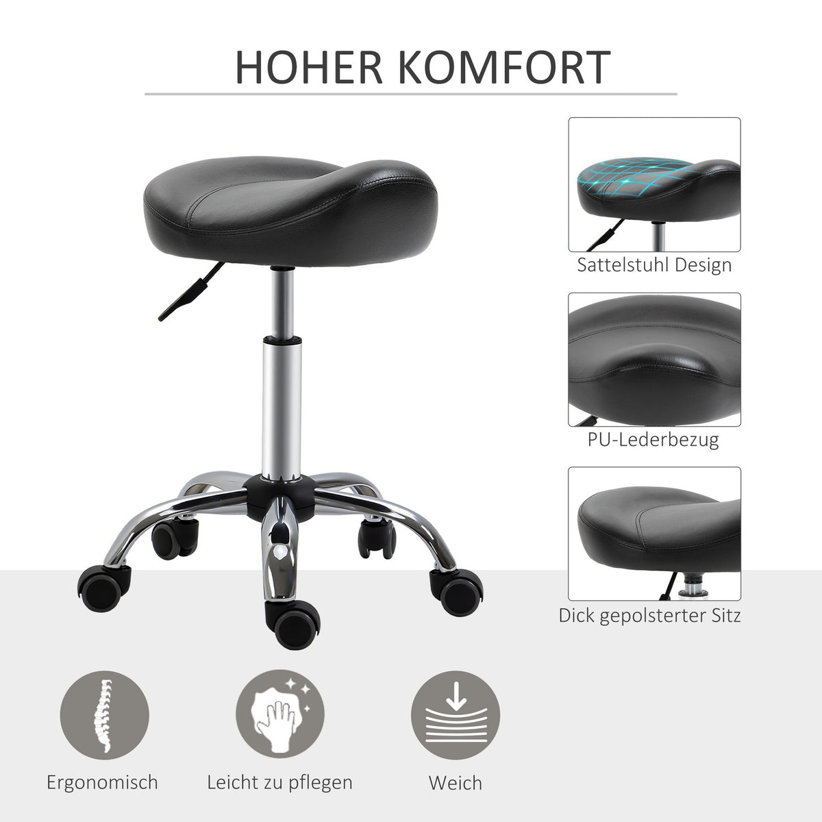 Rolling stool, height-adjustable work stool with wheels, rotating salon stool for massage, faux leather, black, 48 x 48 x 54-69 cm