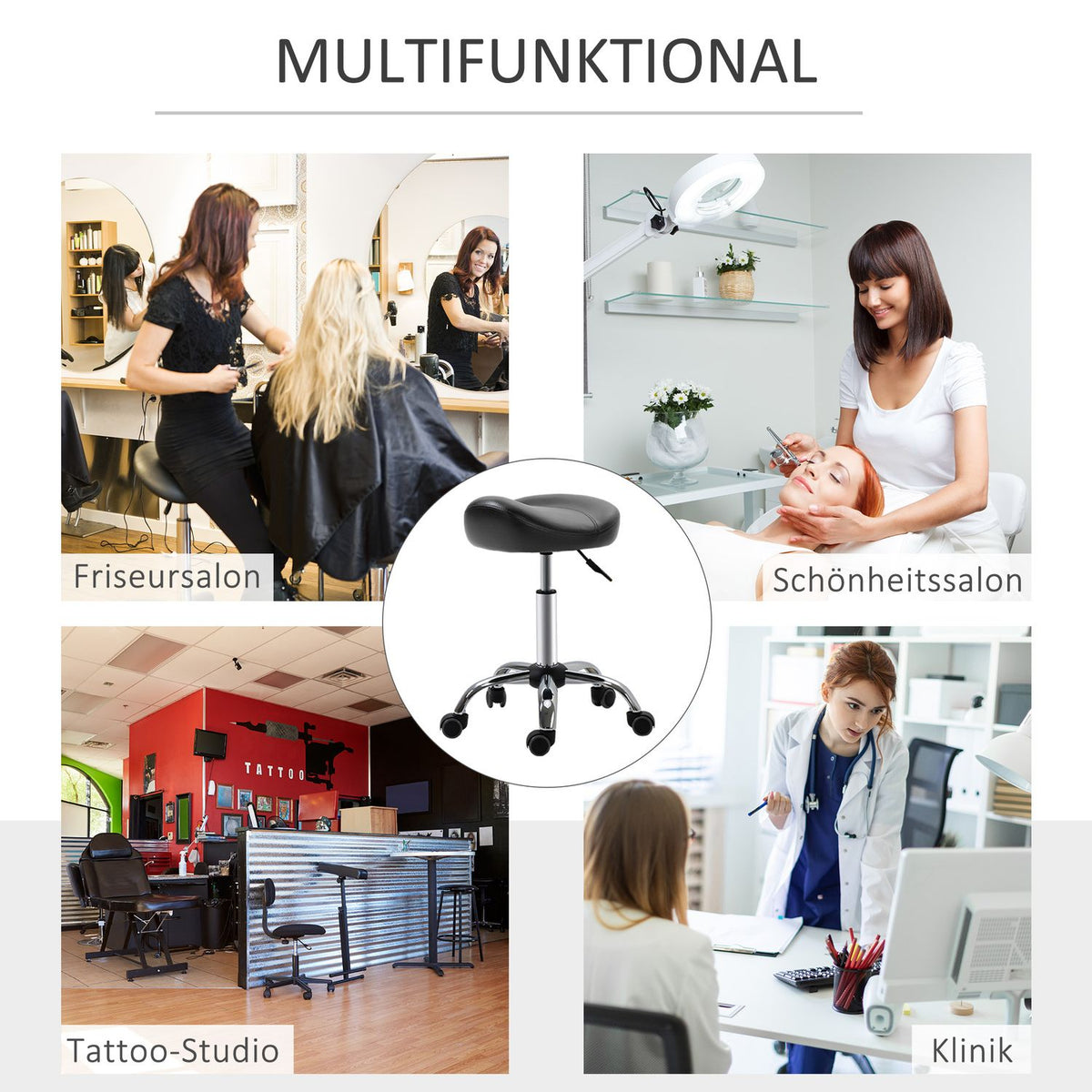 Rolling stool, height-adjustable work stool with wheels, rotating salon stool for massage, faux leather, black, 48 x 48 x 54-69 cm