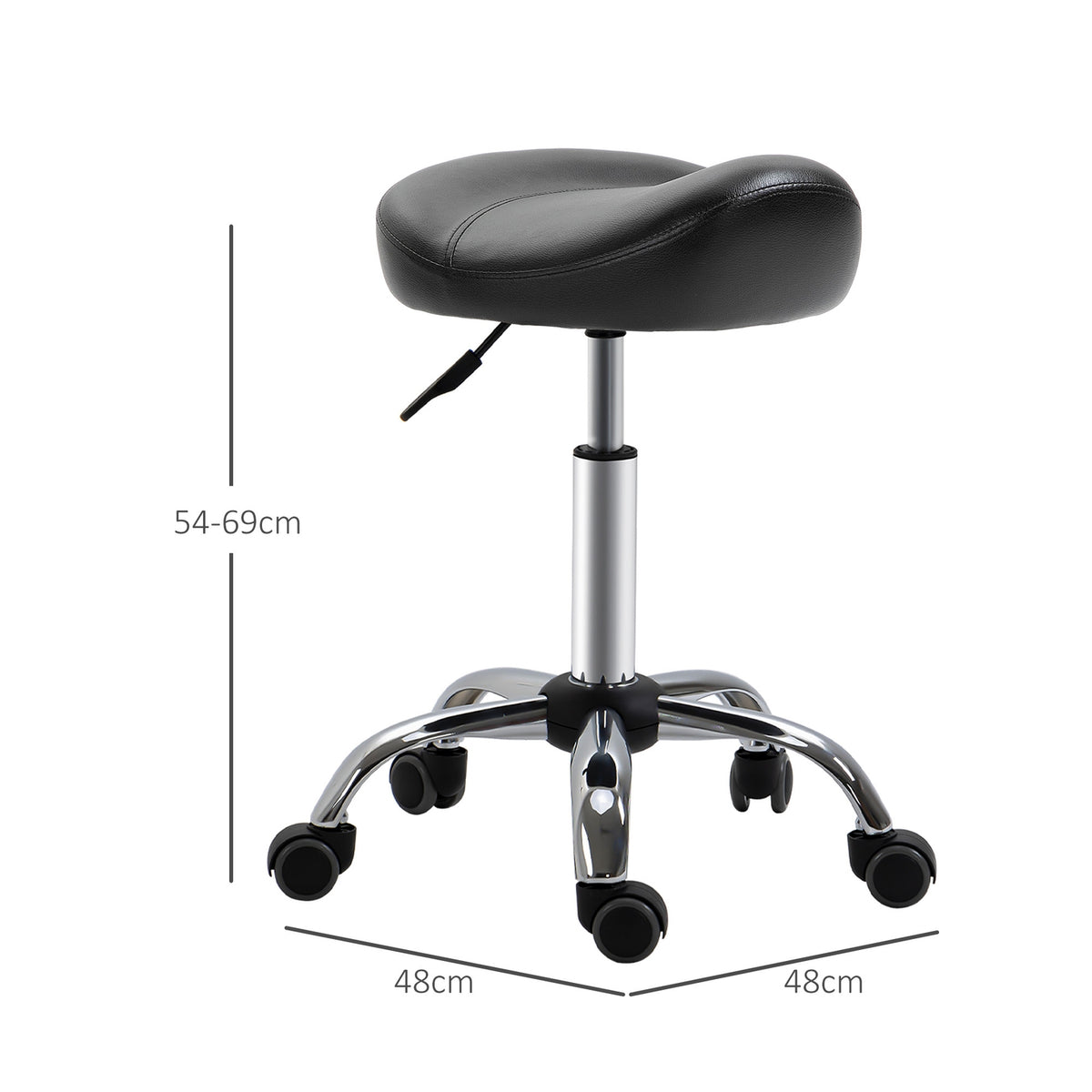 Rolling stool, height-adjustable work stool with wheels, rotating salon stool for massage, faux leather, black, 48 x 48 x 54-69 cm