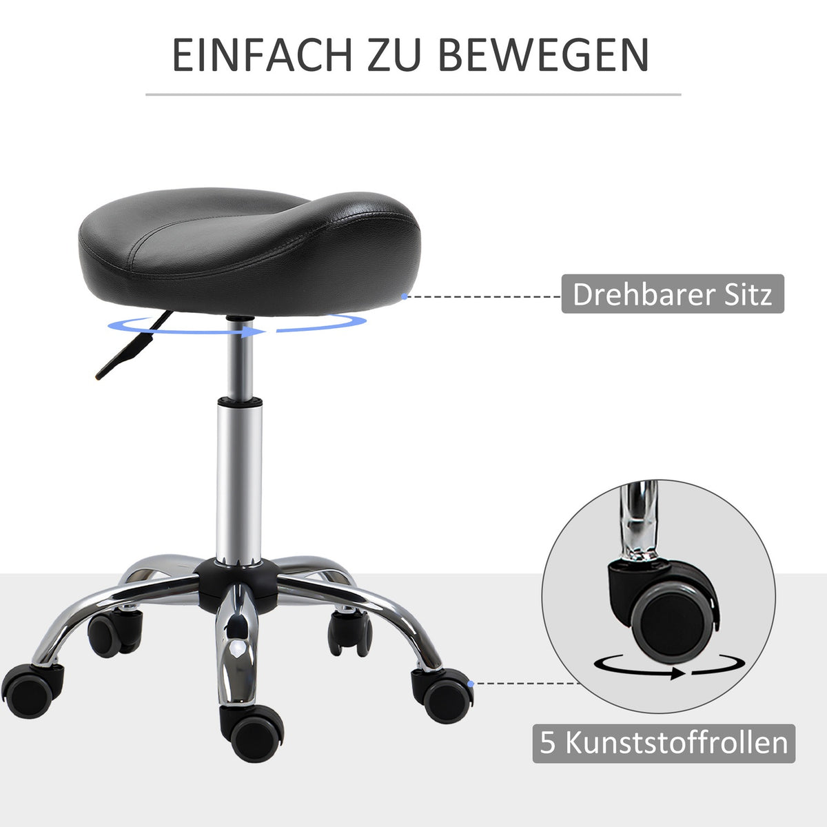Rolling stool, height-adjustable work stool with wheels, rotating salon stool for massage, faux leather, black, 48 x 48 x 54-69 cm