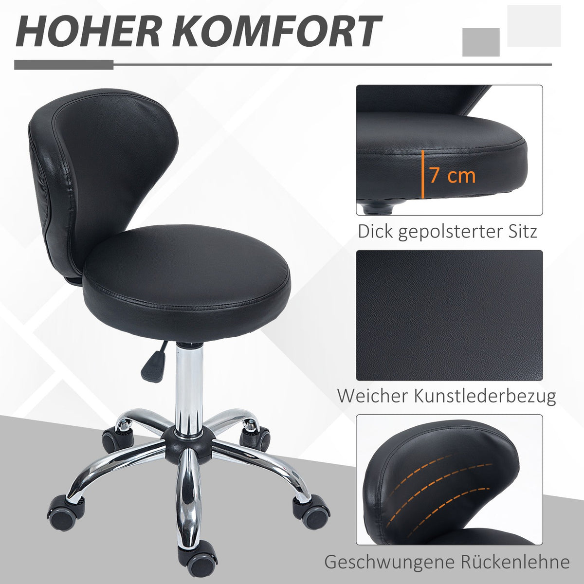 Rolling stool massage stool - rotating work stool 360° - height-adjustable seat 49-64H cm, ergonomic backrest - chrome-plated metal in black faux leather cover