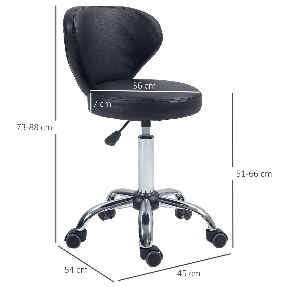 Rolling stool massage stool - rotating work stool 360° - height-adjustable seat 49-64H cm, ergonomic backrest - chrome-plated metal in black faux leather cover