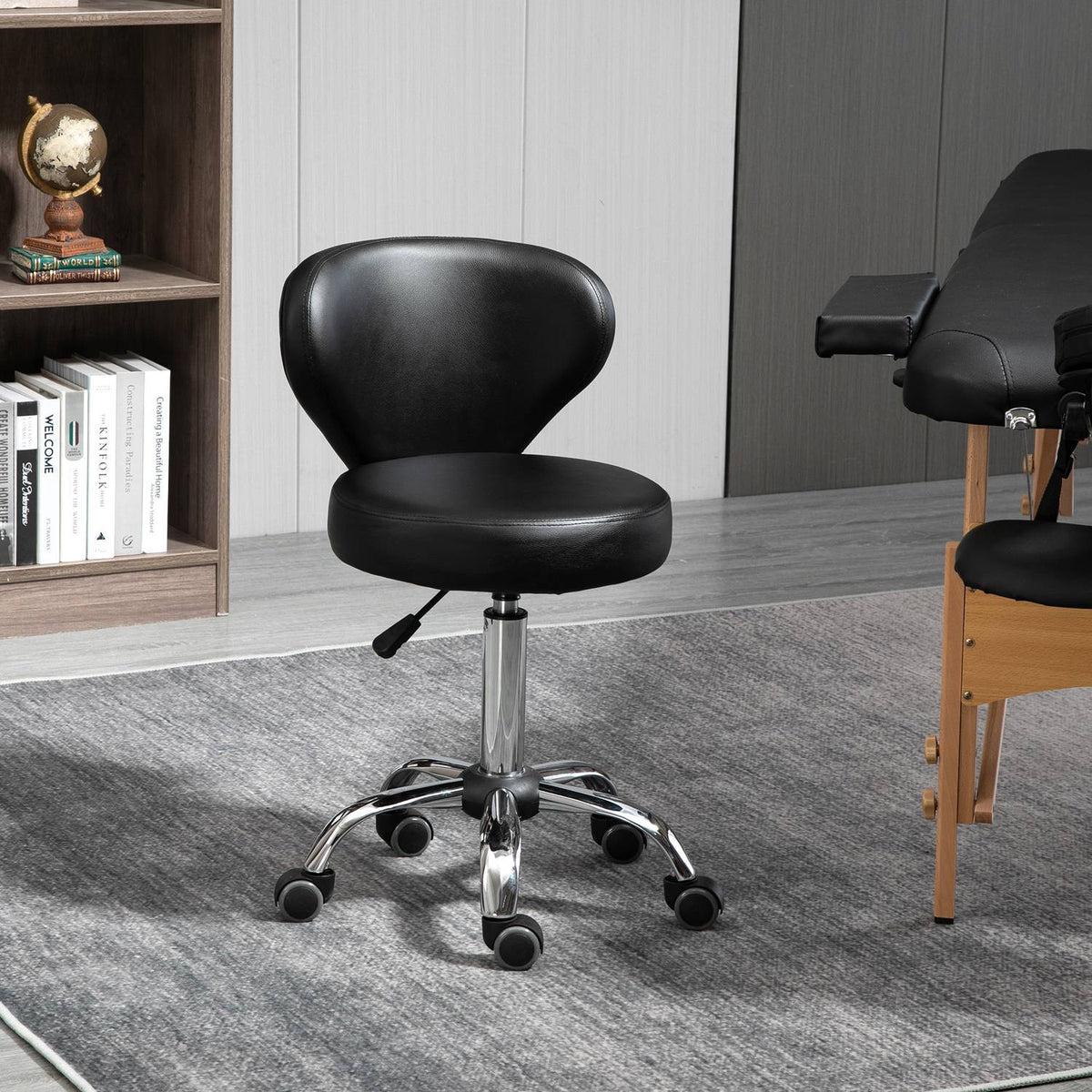 Rolling stool massage stool - rotating work stool 360° - height-adjustable seat 49-64H cm, ergonomic backrest - chrome-plated metal in black faux leather cover