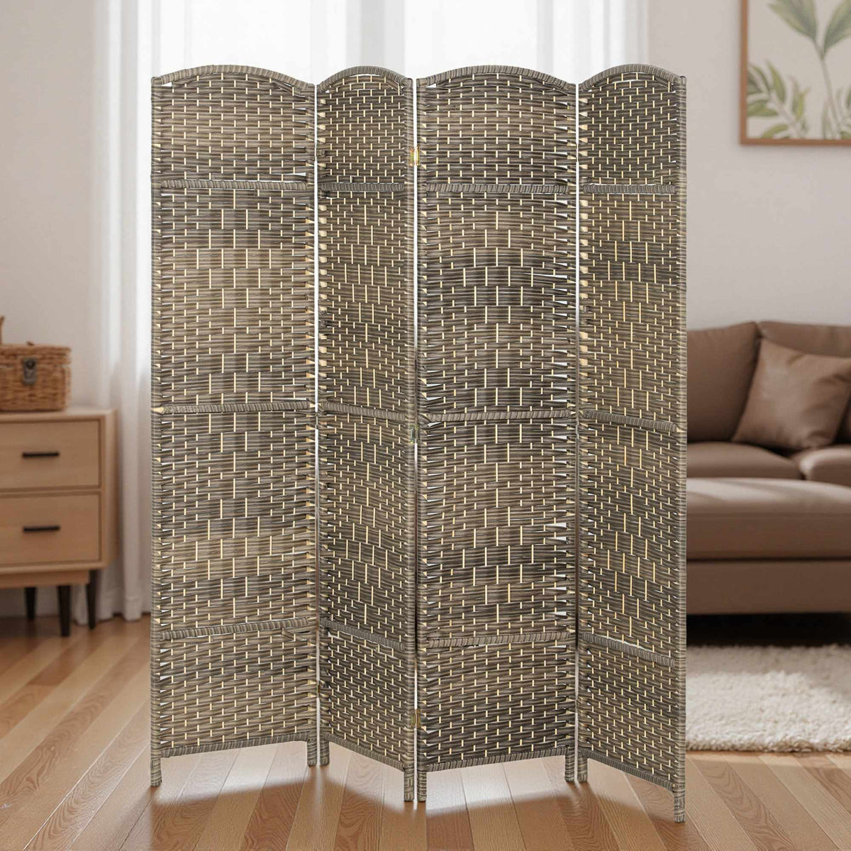Room Divider, 4-Panel Folding Screen, Pine Wood, Black
