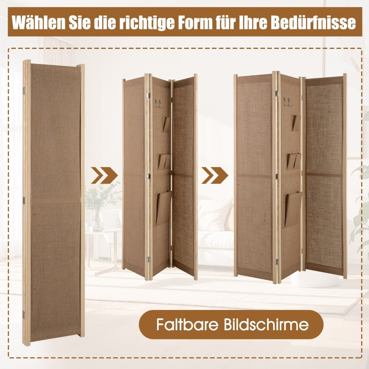 Room Divider with Storage Pockets & Hooks, 170 x 121 cm