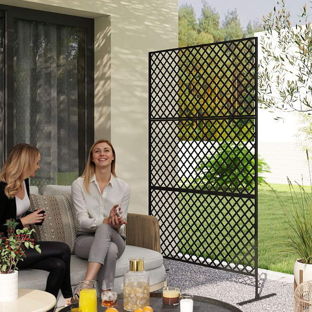 Room divider 3-part 122 x 198 cm free-standing screen in grid, partition 3-piece privacy screen made of steel, outdoor room divider privacy screen partition for garden, balcony, terrace, black
