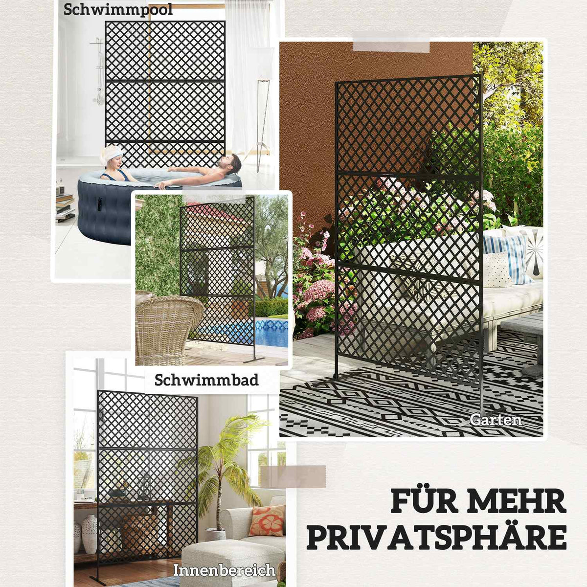 Room divider 3-part 122 x 198 cm free-standing screen in grid, partition 3-piece privacy screen made of steel, outdoor room divider privacy screen partition for garden, balcony, terrace, black