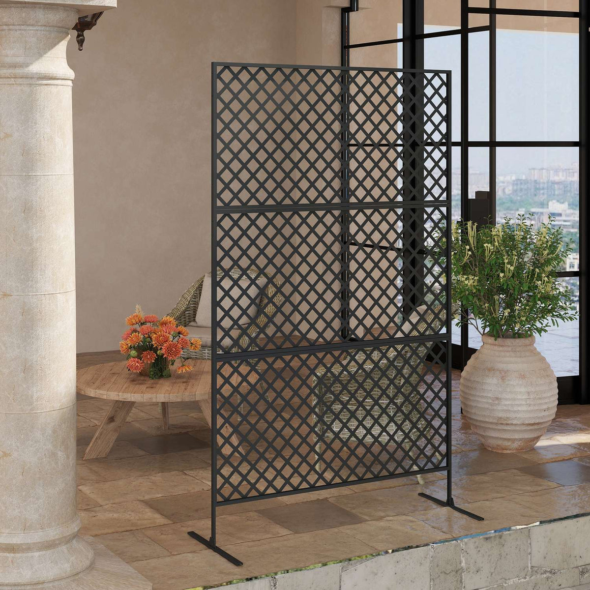 Room divider 3-part 122 x 198 cm free-standing screen in grid, partition 3-piece privacy screen made of steel, outdoor room divider privacy screen partition for garden, balcony, terrace, black