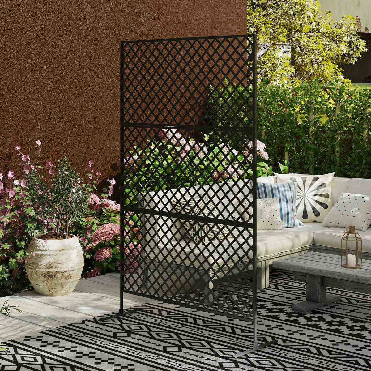 Room divider 3-part 122 x 198 cm free-standing screen in grid, partition 3-piece privacy screen made of steel, outdoor room divider privacy screen partition for garden, balcony, terrace, black