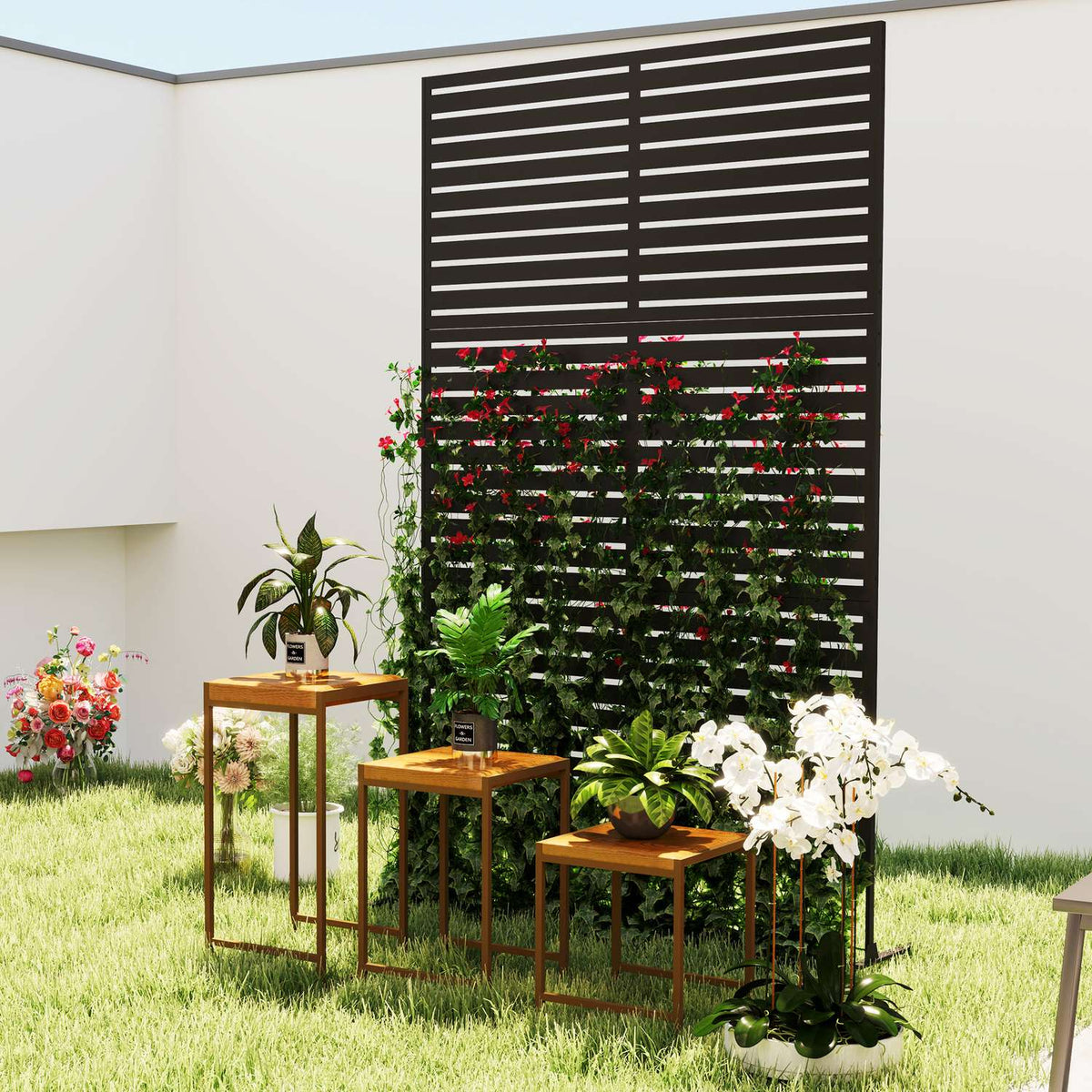 Room divider, 3 parts, 122 x 198 cm, free-standing screen in slats, partition wall, 3-piece privacy screen made of steel, outdoor room divider, privacy screen, partition for garden, balcony, terrace, black