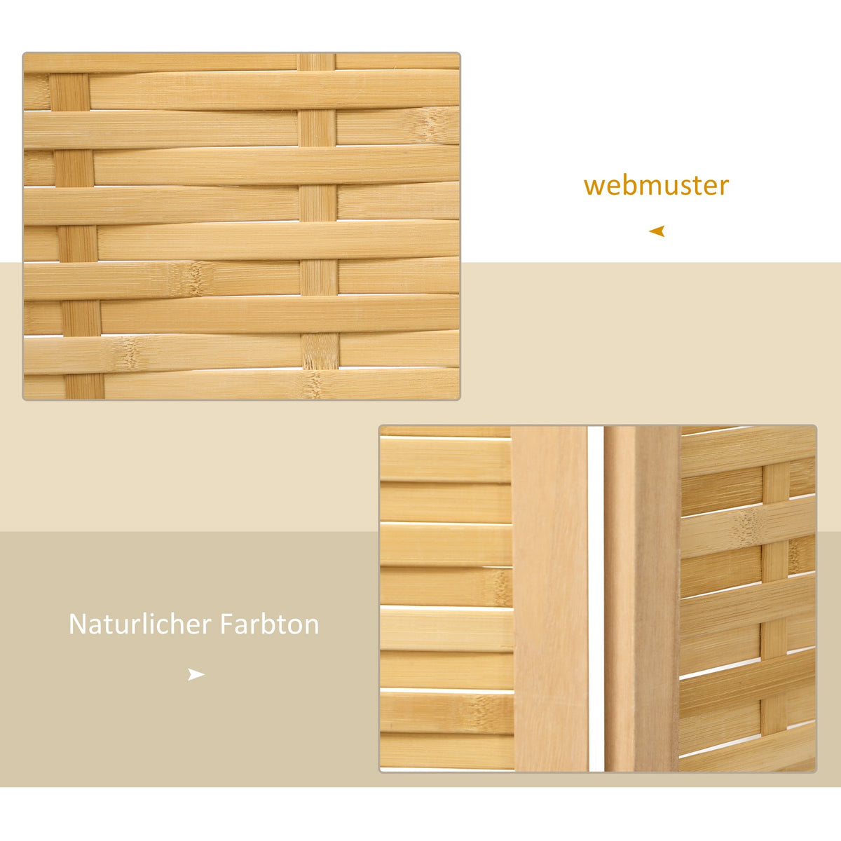 Room divider screen, 3-part, foldable privacy screen made of bamboo, 120x170cm, for living room or bedroom, natural