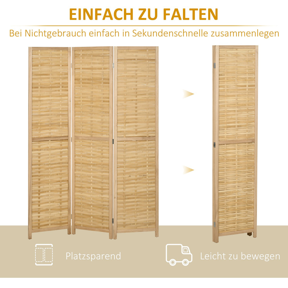 Room divider screen, 3-part, foldable privacy screen made of bamboo, 120x170cm, for living room or bedroom, natural