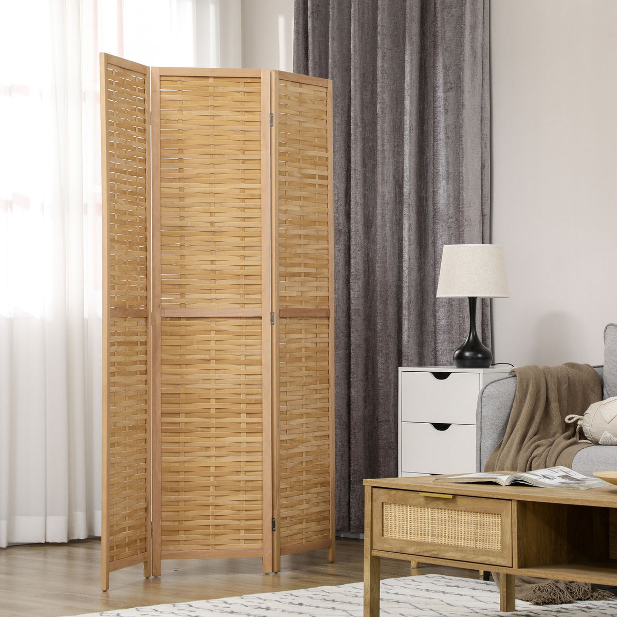 Room divider screen, 3-part, foldable privacy screen made of bamboo, 120x170cm, for living room or bedroom, natural