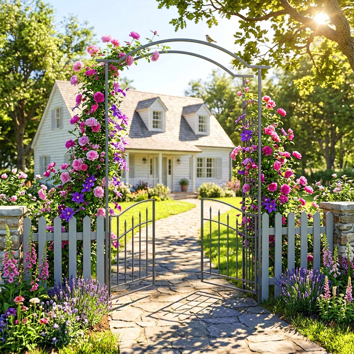 Rose Arbor With Double Gate – Black Metal Garden Trellis
