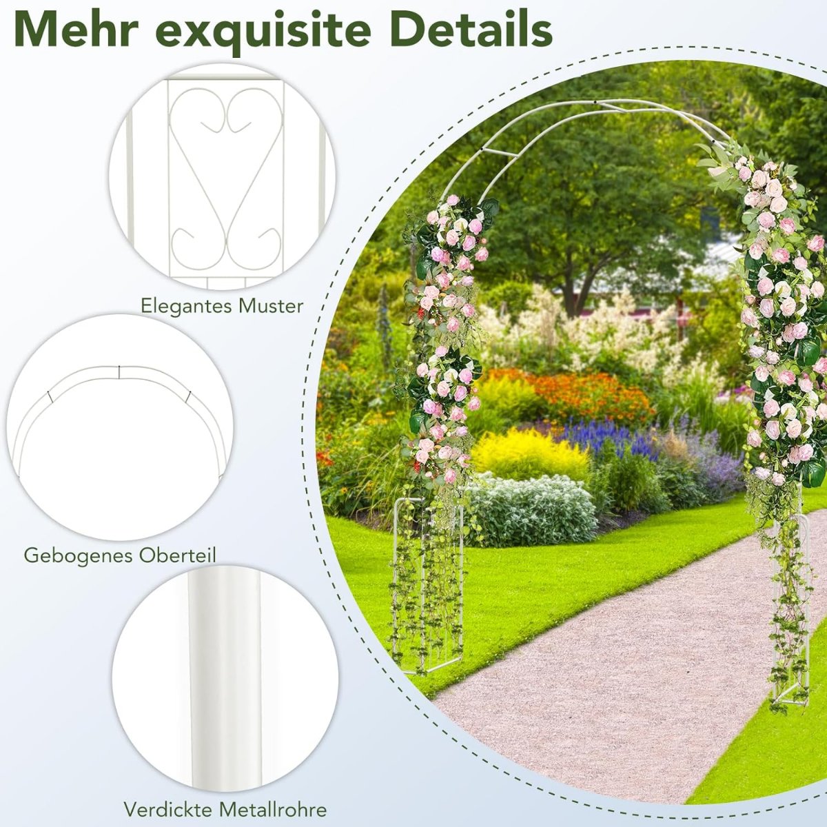 Rose Arch Arch Metal Garden Arch for Climbing Plants & Roses Trellis Country House Style 167 x 37 x 240 cm White