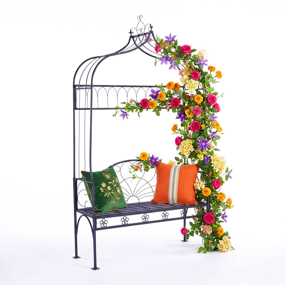 Rose Arch With Bench – Black Metal Garden Trellis