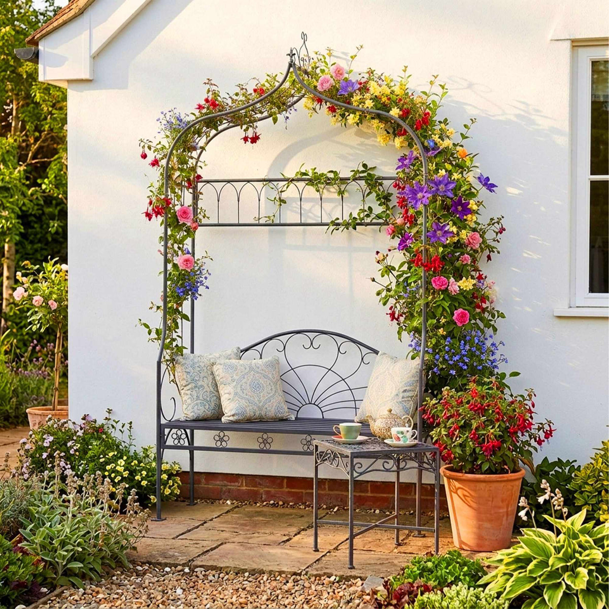 Rose Arch With Bench – Black Metal Garden Trellis