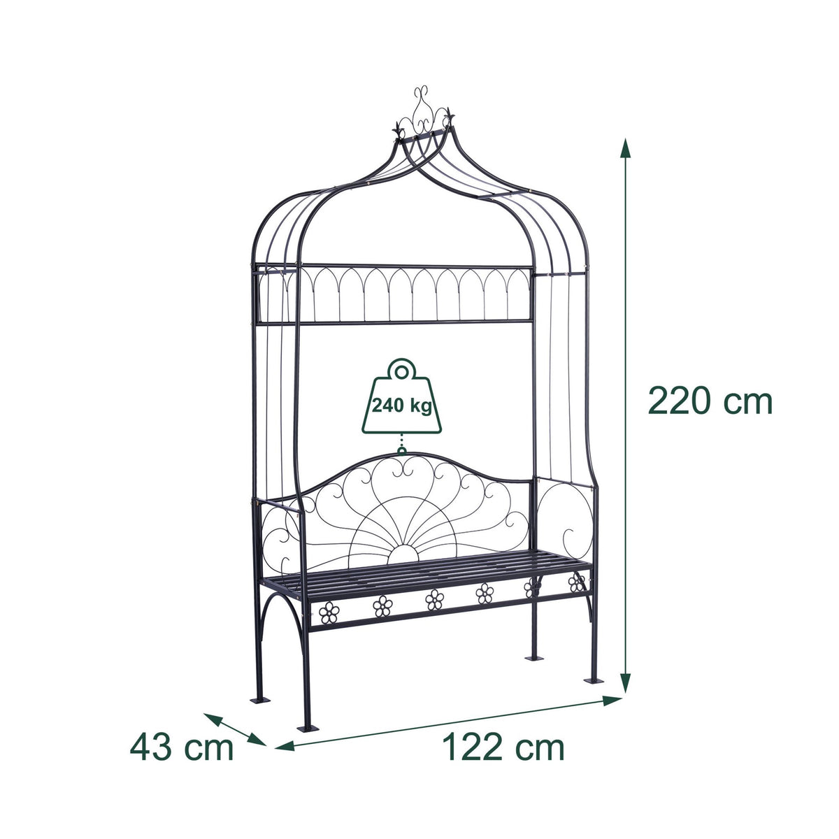 Rose Arch With Bench – Black Metal Garden Trellis