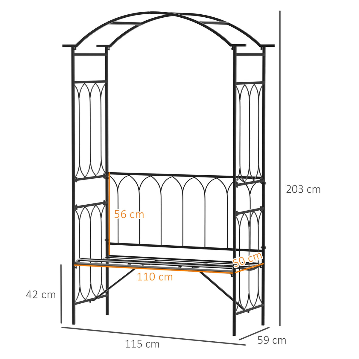 Rose Arch With Bench, Rose Bench, Arbor Bench, Philosopher'S Bench, Trellis, Garden Bench, Metal, Black, 115 X 50 X 203 Cm
