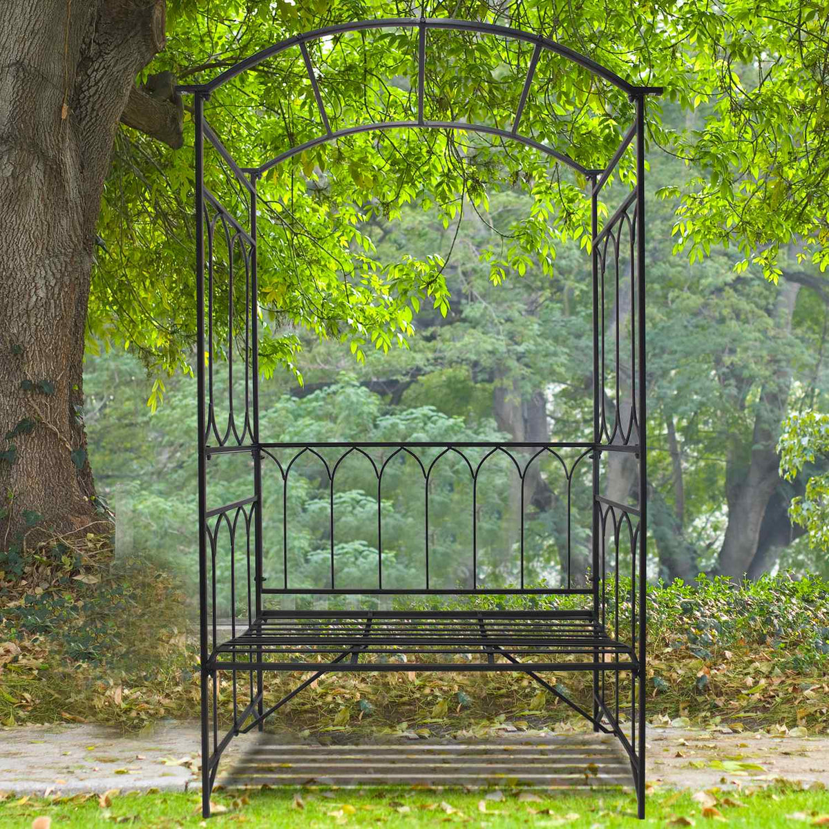 Rose Arch With Bench, Rose Bench, Arbor Bench, Philosopher'S Bench, Trellis, Garden Bench, Metal, Black, 115 X 50 X 203 Cm