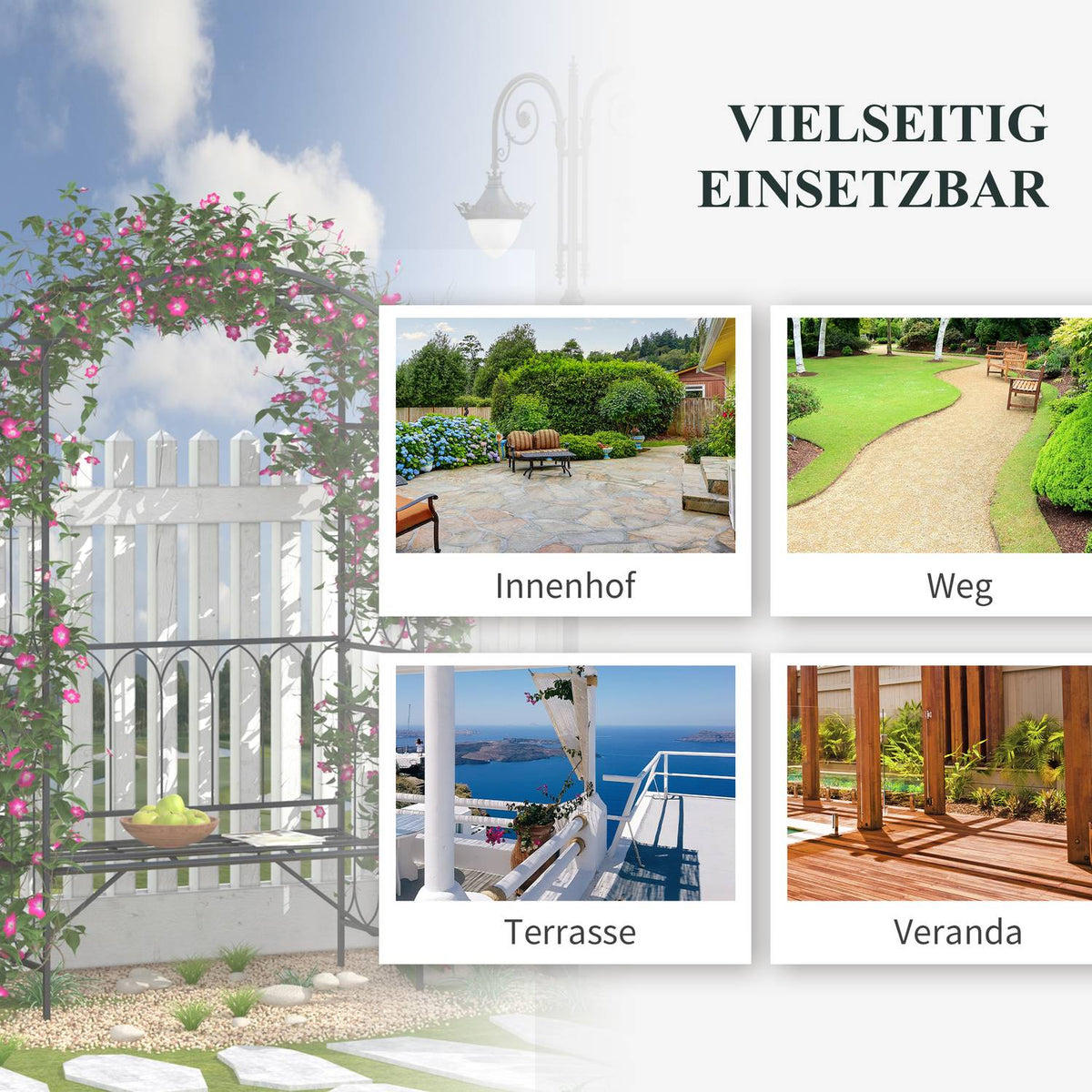 Rose Arch With Bench, Rose Bench, Arbor Bench, Philosopher'S Bench, Trellis, Garden Bench, Metal, Black, 115 X 50 X 203 Cm