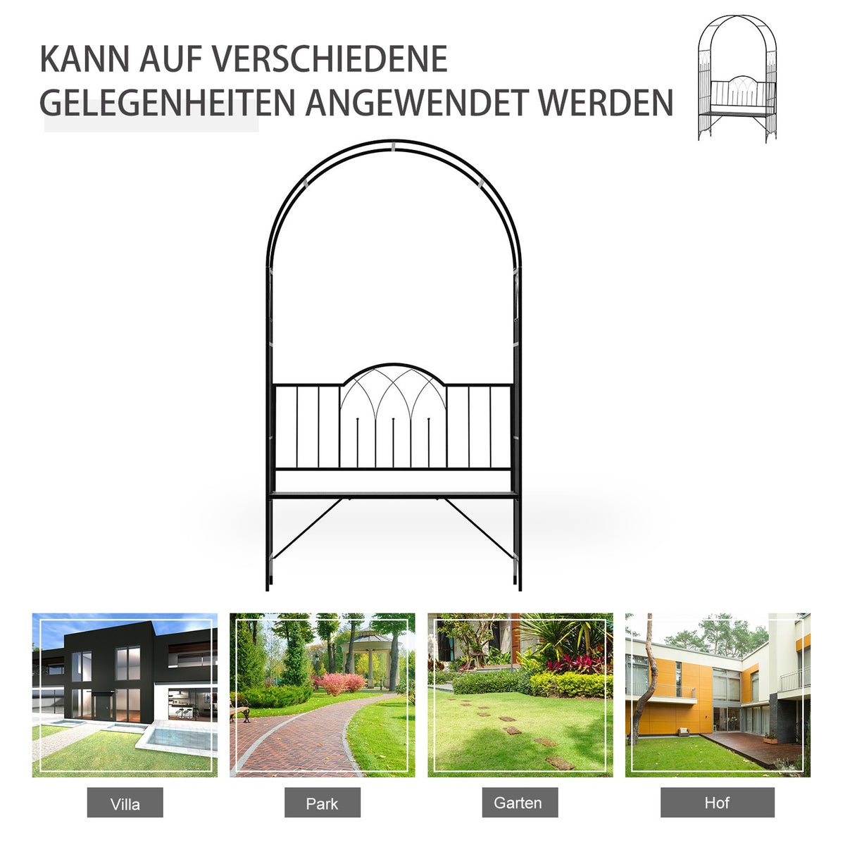 Rose Arch With Bench, Rose Bench, Arbor Bench, Philosopher'S Bench, Trellis, Garden Bench, Metal, Black, 121 X 50 X 203 Cm